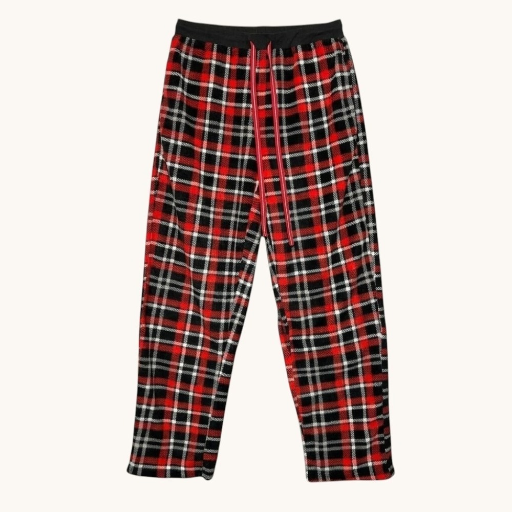 Red Black White Plaid Fleece Pajama Pants Drawstring Lounge Bottoms Medium